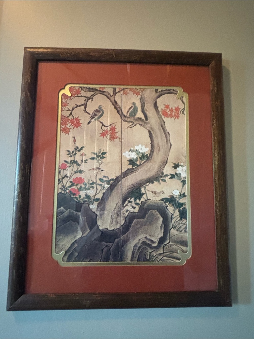 Vintage Asian Bird Floral Tree Art Matte Frame 22”x18”